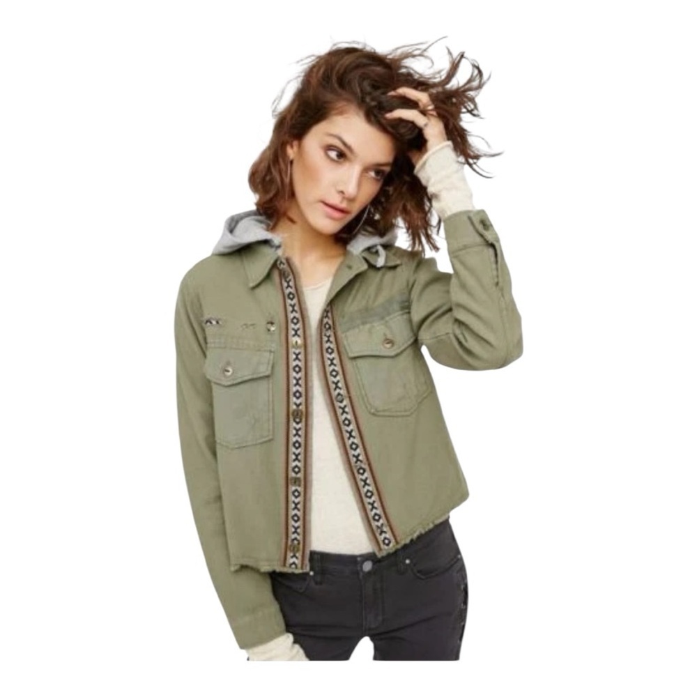 Free People XS Weekend Wander Military Utility Jacket with Pattern Trim